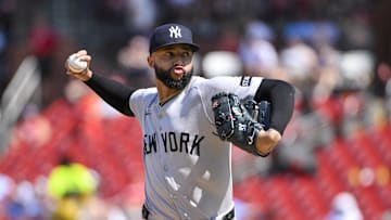 Aug 17, 2025; St. Louis, Missouri, USA;  New York Yankees relief pitcher Devin Williams (38) pitches against the St. Louis Cardinals during the sixth inning at Busch Stadium. Mandatory Credit: Jeff Curry-Imagn Images