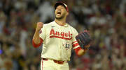 Jul 13, 2024; Anaheim, California, USA;  Carlos Estevez #53 of the Los Angeles Angels celebrates as he earns his 17th save of the season defeating the Seattle Mariners in the ninth inning at Angel Stadium.