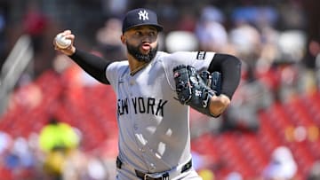 Aug 17, 2025; St. Louis, Missouri, USA;  New York Yankees relief pitcher Devin Williams (38) pitches against the St. Louis Cardinals during the sixth inning at Busch Stadium. Mandatory Credit: Jeff Curry-Imagn Images