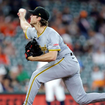 Jul 31, 2024; Houston, Texas, USA; Pittsburgh Pirates starting pitcher Jake Woodford (46) pitches against the Houston Astros during the first inning at Minute Maid Park. Mandatory Credit: Erik Williams-USA TODAY Sports