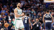 Jun 12, 2024; Dallas, Texas, USA; Boston Celtics forward Jayson Tatum (0) celebrates after their win against the Dallas Mavericks in game three of the 2024 NBA Finals at American Airlines Center. Mandatory Credit: Kevin Jairaj-USA TODAY Sports