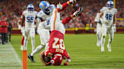 Chiefs star Travis Kelce took a painful-looking tumble and fell on his head during Sunday night's win over the Lions.