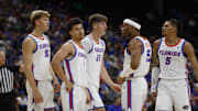 Nov 4, 2024; Jacksonville, Florida, USA; Florida Gators forward Thomas Haugh (10), guard Walter Clayton Jr. (1), forward Alex Condon (21), guard Will Richer (5) and guard Alijah Martin (15) against South Florida Bulls during the first half at VyStar Veterans Memorial Arena. Mandatory Credit: Morgan Tencza-Imagn Images