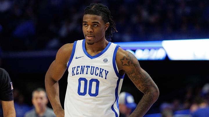Dec 11, 2024; Lexington, Kentucky, USA; Kentucky Wildcats guard Otega Oweh (0) looks on during the second half against the Colgate Raiders at Rupp Arena at Central Bank Center. Mandatory Credit: Jordan Prather-Imagn Images