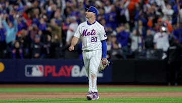 Oct 18, 2024; New York City, New York, USA; New York Mets first baseman Pete Alonso (20) reacts after the Mets defeated the Los Angeles Dodgers in game five of the NLCS during the 2024 MLB playoffs at Citi Field. Mandatory Credit: Brad Penner-Imagn Images