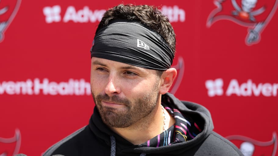 Jun 10, 2025; Tampa Bay, FL, USA; Tampa Bay Buccaneers quarterback Baker Mayfield (6) gives a press conference after mini camp at AdventHealth Training Center. Mandatory Credit: Nathan Ray Seebeck-Imagn Images | Nathan Ray Seebeck-Imagn Images