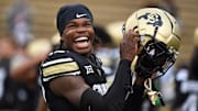 Sep 21, 2024; Boulder, Colorado, USA; Colorado Buffaloes wide receiver Travis Hunter (12) before the game against the Baylor Bears at Folsom Field. Mandatory Credit: Christopher Hanewinckel-Imagn Images