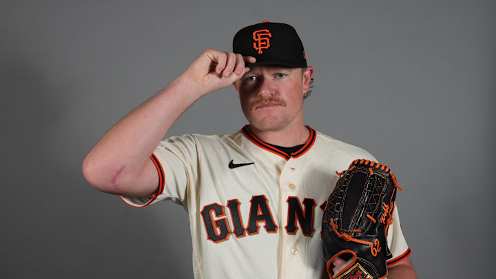 Feb 19, 2026; Scottsdale, AZ, USA; San Francisco Giants pitcher Logan Webb (62) poses during Photo Day at Scottsdale Stadium. Mandatory Credit: Rick Scuteri-Imagn Images