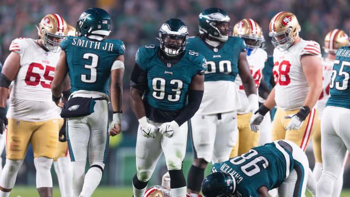 Dec 3, 2023; Philadelphia, Pennsylvania, USA; Philadelphia Eagles defensive tackle Milton Williams (93) reacts after a defensive stop during the second quarter against the San Francisco 49ers at Lincoln Financial Field. Mandatory Credit: Bill Streicher-USA TODAY Sports