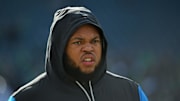 Dec 8, 2024; Philadelphia, Pennsylvania, USA; Carolina Panthers guard Robert Hunt (50) during warm-ups against the Philadelphia Eagles at Lincoln Financial Field. Mandatory Credit: Eric Hartline-Imagn Images