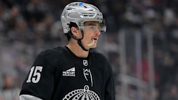 Oct 7, 2025; Los Angeles, California, USA;  Los Angeles Kings center Alex Turcotte (15) looks on against the Colorado Avalanche at Crypto.com Arena. Mandatory Credit: Jayne Kamin-Oncea-Imagn Images