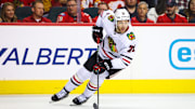 Oct 15, 2024; Calgary, Alberta, CAN; Chicago Blackhawks left wing Taylor Hall (71) skates with the puck against the Calgary Flames during the second period at Scotiabank Saddledome. Mandatory Credit: Sergei Belski-Imagn Images