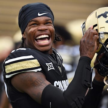 Sep 21, 2024; Boulder, Colorado, USA; Colorado Buffaloes wide receiver Travis Hunter (12) before the game against the Baylor Bears at Folsom Field. Mandatory Credit: Christopher Hanewinckel-Imagn Images