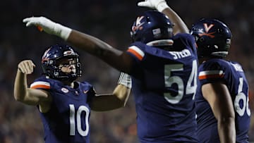 Sep 14, 2024; Charlottesville, Virginia, USA; Virginia Cavaliers quarterback Anthony Colandrea (10) celebrates with Cavaliers offensive lineman Blake Steen (54) after scoring a touchdown against the Maryland Terrapins during the first half at Scott Stadium. Mandatory Credit: Geoff Burke-Imagn Images