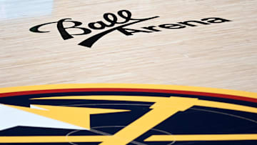 Dec 28, 2020; Denver, Colorado, USA; General view of the arena logo on the court of Ball Arena before the game between the Houston Rockets against the Denver Nuggets. Mandatory Credit: Ron Chenoy-Imagn Images