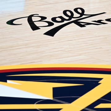 Dec 28, 2020; Denver, Colorado, USA; General view of the arena logo on the court of Ball Arena before the game between the Houston Rockets against the Denver Nuggets. Mandatory Credit: Ron Chenoy-USA TODAY Sports