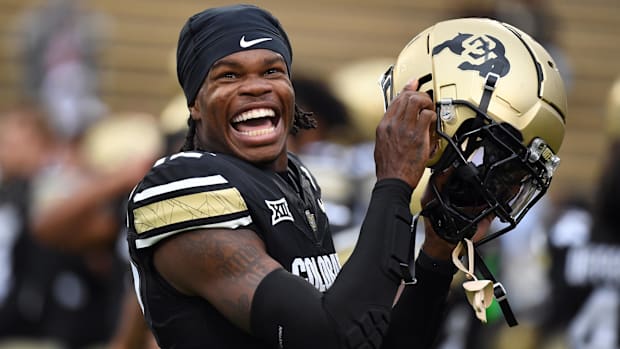 Sep 21, 2024; Boulder, Colorado, USA; Colorado Buffaloes wide receiver Travis Hunter (12) before the game against the Baylor 