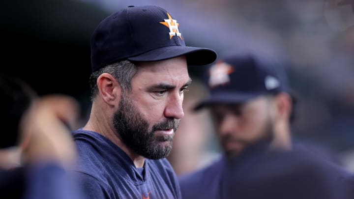 Jun 26, 2024; Houston, Texas, USA; Houston Astros starting pitcher Justin Verlander (35) in the dugout against the Colorado Rockies during the game at Minute Maid Park. 