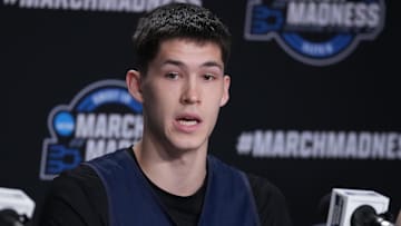 Mar 26, 2025; Newark, NJ, USA;  Brigham Young Cougars guard Egor Demin (3) talks to the media at the Prudential Center. Mandatory Credit: Robert Deutsch-Imagn Images