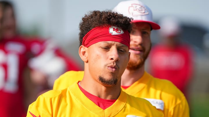 Jul 22, 2024; St. Joseph, MO, USA; Kansas City Chiefs quarterback Patrick Mahomes (15) walks down the hill from the locker room to the fields prior to training camp at Missouri Western State University. 