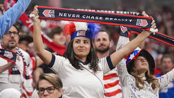 Mar 28, 2026; Atlanta, Georgia, USA; USA soccer fans shown during the match against Belgium at Mercedes-Benz Stadium. Credit: Dale Zanine-Imagn Images