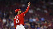 Sep 18, 2025; Cincinnati, Ohio, USA; Cincinnati Reds starting pitcher Hunter Greene (21) reacts after a ball is popped up in the ninth inning against the Chicago Cubs at Great American Ball Park. Mandatory Credit: Katie Stratman-Imagn Images