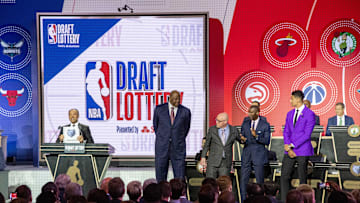 May 14, 2019; Chicago, IL, USA; NBA deputy commissioner Mark Tatum reveals the number two pick for the Memphis Grizzlies during the 2019 NBA Draft Lottery at the Hilton Chicago. Mandatory Credit: Patrick Gorski-Imagn Images
