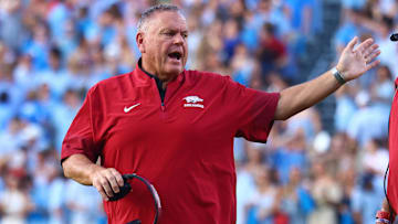 Sep 13, 2025; Oxford, Mississippi, USA; Arkansas Razorback head coach Sam Pittman reacts during the first quarter against the Mississippi Rebels at Vaught-Hemingway Stadium. Mandatory Credit: Petre Thomas-Imagn Images