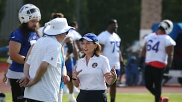 New York Governor Kathy Hochul visits with Bills owner Terry Pegula and his daughter Laura Pegula during her visit to the team’s training camp during the second day of Buffalo Bills training camp at St. John Fisher University Thursday, July 24, 2025 in Pittsford.