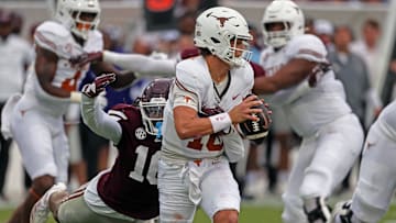 Oct 25, 2025; Starkville, Mississippi, USA; Mississippi State Bulldogs linebacker Derion Gullette (16) sacks Texas Longhorns quarterback Arch Manning (16) during the first quarter at Davis Wade Stadium at Scott Field. Mandatory Credit: Petre Thomas-Imagn Images