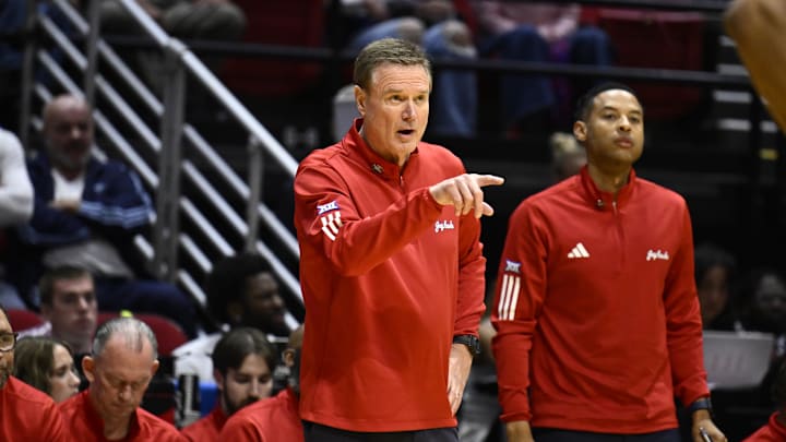 Mar 20, 2026; San Diego, CA, USA; Kansas Jayhawks head coach Bill Self looks on in the first half against the California Baptist Lancers during a first round game of the men's 2026 NCAA Tournament at Viejas Arena. Mandatory Credit: Denis Poroy-Imagn Images