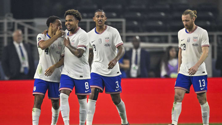 Mar 24, 2024; Arlington, Texas, USA; United States midfielder Tyler Adams (4) and midfielder Weston Mckennie (8) and defender Chris Richards (3) and defender Tim Ream (13) celebrates a goal scored by Adams against Mexico during the first half at AT&T Stadium. Mandatory Credit: Jerome Miron-USA TODAY Sports