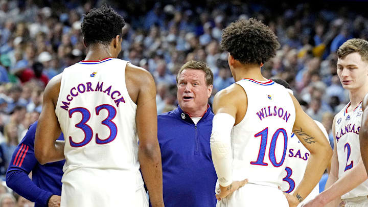 Kansas Jayhawks head coach Bill Self talks to the Kansas Jayhawks forward Jalen Wilson and forward David McCormack. Kansas Jayhawks head coach Bill Self talks to the Kansas Jayhawks forward Jalen Wilson and forward David McCormack.