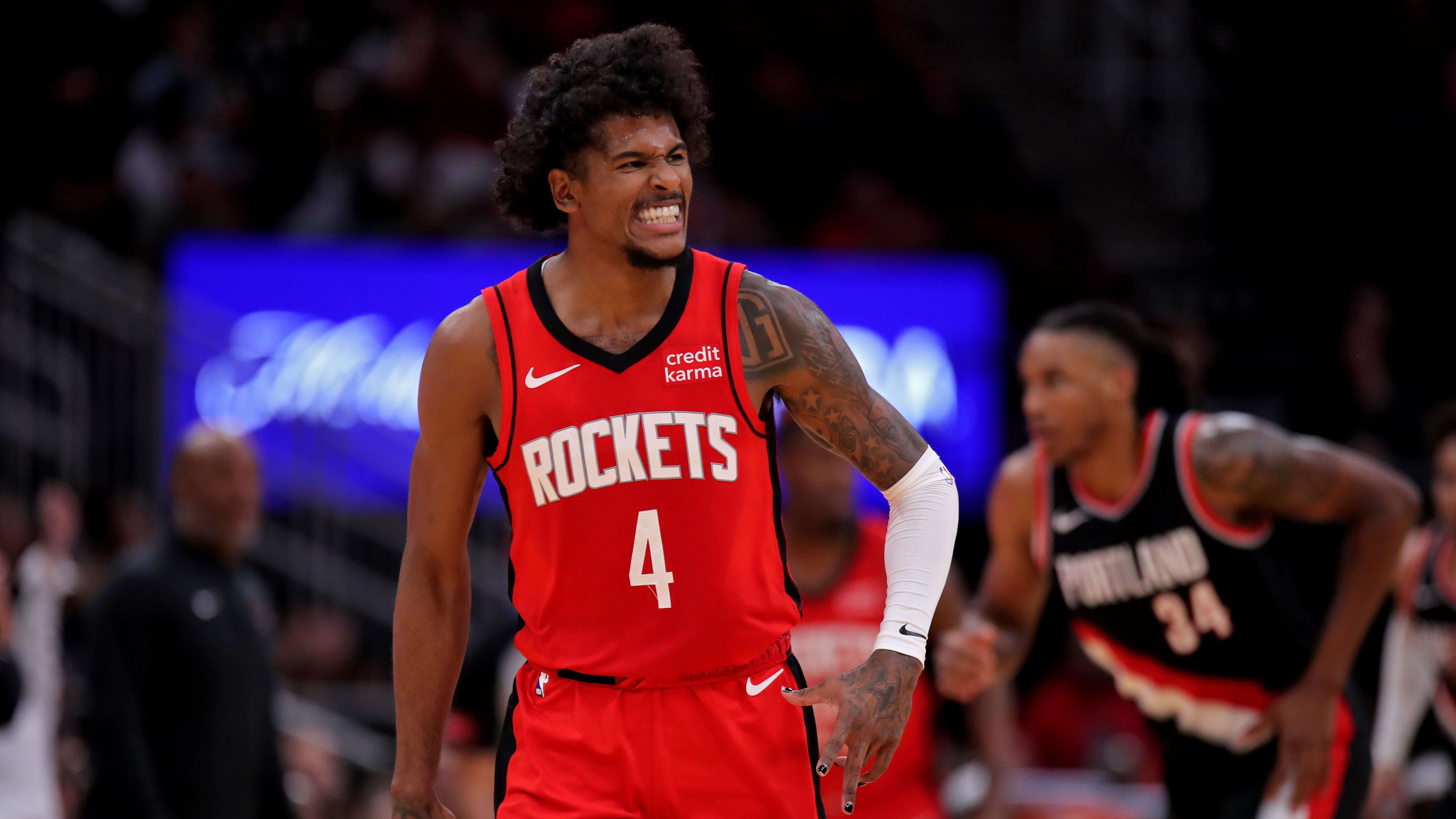 Mar 25, 2024; Houston, Texas, USA; Houston Rockets guard Jalen Green (4) reacts after a basket