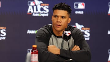Oct 14, 2024; Bronx, New York, USA; New York Yankees right fielder Juan Soto (22) speaks to the media before game one of the ALCS against the Cleveland Guardians during the 2024 MLB Playoffs at Yankee Stadium. 