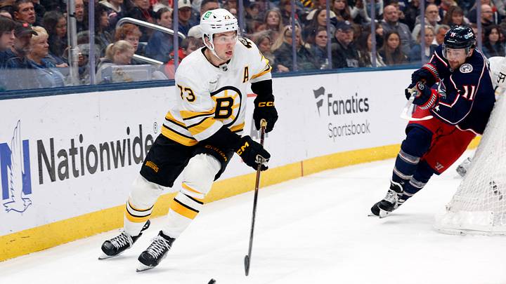 Mar 29, 2026; Columbus, Ohio, USA; Boston Bruins defenseman Charlie McAvoy (73) looks to pass as Columbus Blue Jackets left wing Miles Wood (11) trails the play during the second period at Nationwide Arena. Mandatory Credit: Russell LaBounty-Imagn Images Mar 29, 2026; Columbus, Ohio, USA; Boston Bruins defenseman Charlie McAvoy (73) looks to pass as Columbus Blue Jackets left wing Miles Wood (11) trails the play during the second period at Nationwide Arena. Mandatory Credit: Russell LaBounty-Imagn Images
