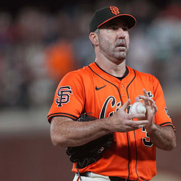 Sep 12, 2025; San Francisco, California, USA; San Francisco Giants starting pitcher Justin Verlander (35) during the third inning against the Los Angeles Dodgers at Oracle Park. Mandatory Credit: Darren Yamashita-Imagn Images