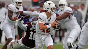 Oct 25, 2025; Starkville, Mississippi, USA; Mississippi State Bulldogs linebacker Derion Gullette (16) sacks Texas Longhorns quarterback Arch Manning (16) during the first quarter.