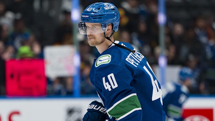 Apr 14, 2026; Vancouver, British Columbia, CAN; Vancouver Canucks forward Elias Pettersson (40) skates in warm up prior to a game against the Los Angeles Kings at Rogers Arena. Mandatory Credit: Bob Frid-Imagn Images