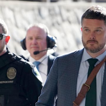 Jan 1, 2025; Pasadena, California, USA; Oregon Ducks coach Dan Lanning arrives before the game against the Ohio State Buckeyes at Rose Bowl Stadium. Mandatory Credit: Kirby Lee-Imagn Images