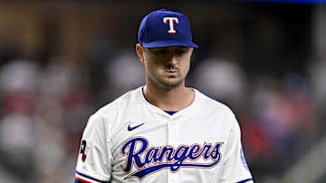 May 1, 2025; Arlington, Texas, USA; Texas Rangers pitcher Tyler Mahle (51) comes off the field after pitching against the Athletics at Globe Life Field. Mandatory Credit: Jerome Miron-Imagn Images