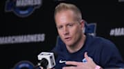Mar 26, 2025; Newark, NJ, USA;  Brigham Young Cougars head coach Kevin Young talks to the media at the Prudential Center. Mandatory Credit: Robert Deutsch-Imagn Images