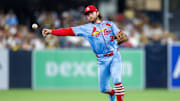 Aug 2, 2025; San Diego, California, USA; St. Louis Cardinals second baseman Brendan Donovan (33) throws to first base for an out during the eighth inning against the San Diego Padres at Petco Park. Mandatory Credit: David Frerker-Imagn Images