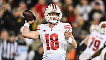 Nov 2, 2024; Iowa City, Iowa, USA; Wisconsin Badgers quarterback Braedyn Locke (18) throws a pass against the Iowa Hawkeyes during the second quarter at Kinnick Stadium. Mandatory Credit: Jeffrey Becker-Imagn Images