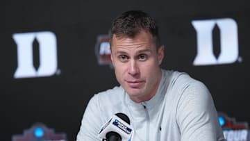 Apr 3, 2025; San Antonio, TX, USA; Duke basketball head coach Jon Scheyer talks to the media at the Alamodome. 