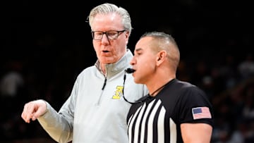Iowa head coach Fran McCaffery speaks to a referee during a Big Ten Conference game against the Michigan State Spartans Thursday, March 6, 2025 at Carver-Hawkeye Arena in Iowa City.