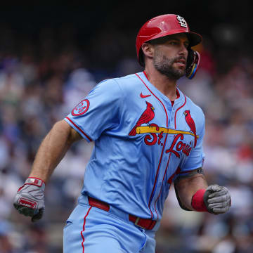 Aug 31, 2024; Bronx, New York, USA; St. Louis Cardinals first baseman Paul Goldschmidt (46) runs out a double against the New York Yankees during the third inning at Yankee Stadium.