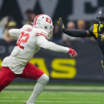 Mar 31, 2024; San Antonio, TX, USA;  San Antonio Brahmas wide receiver Marquez Stevenson (5) faces off against DC Defenders cornerback Isaiah Johnson (32) in the second half at The Alamodome. Mandatory Credit: Daniel Dunn-Imagn Images