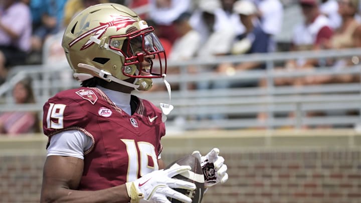 Sep 6, 2025; Tallahassee, Florida, USA; Florida State Seminoles wide receiver Micahi Danzy (19) reacts as he scores a touchdown during the second half against the East Texas A&M Lions at Doak S. Campbell Stadium. Mandatory Credit: Melina Myers-Imagn Images