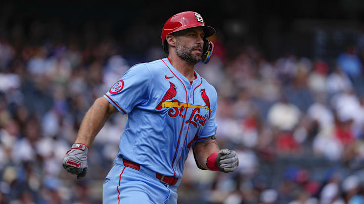 Aug 31, 2024; Bronx, New York, USA; St. Louis Cardinals first baseman Paul Goldschmidt (46) runs out a double against the New York Yankees during the third inning at Yankee Stadium. Mandatory Credit: Gregory Fisher-Imagn Images